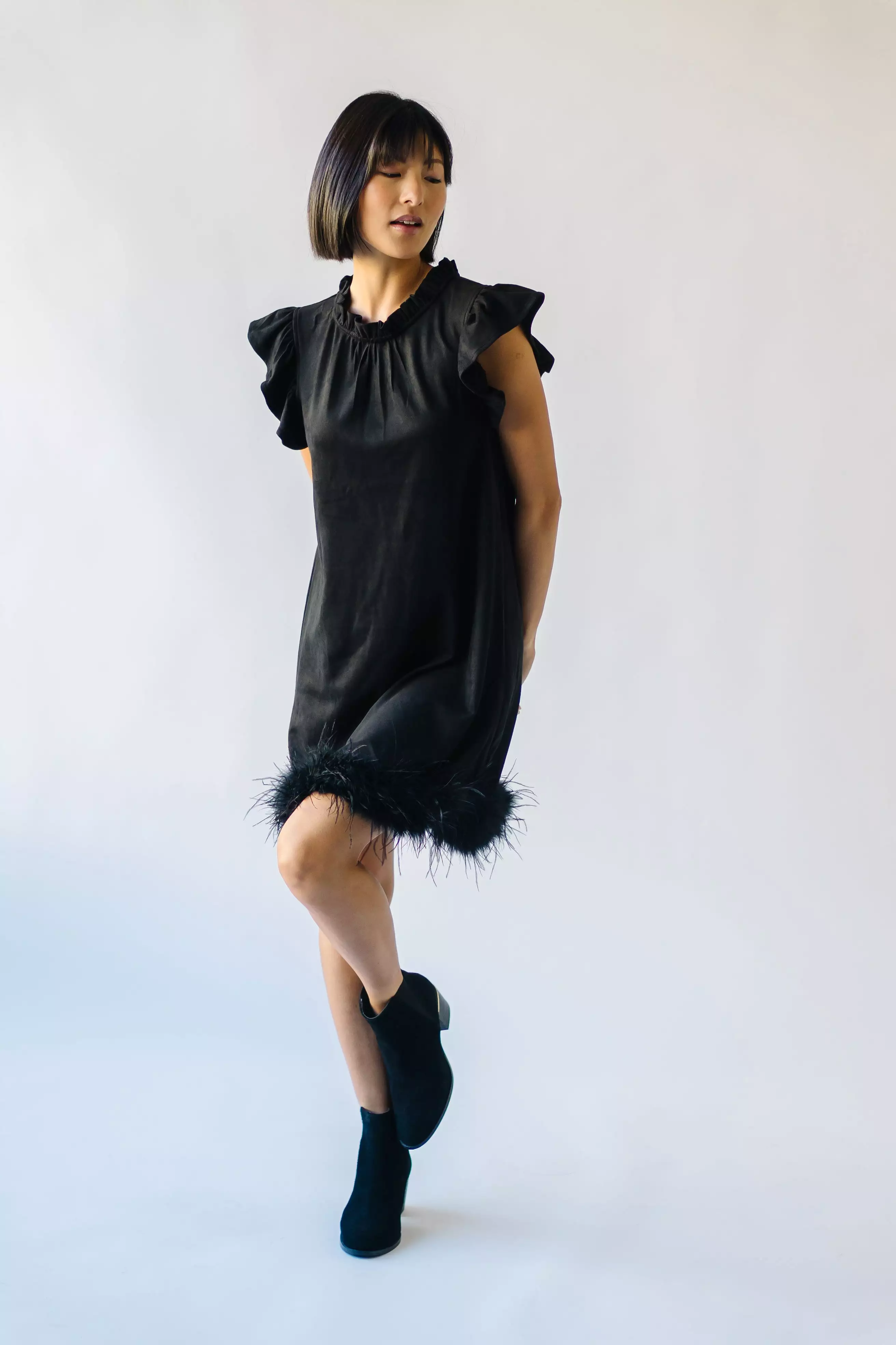 The Pressler Fur Detail Dress in Black Suede