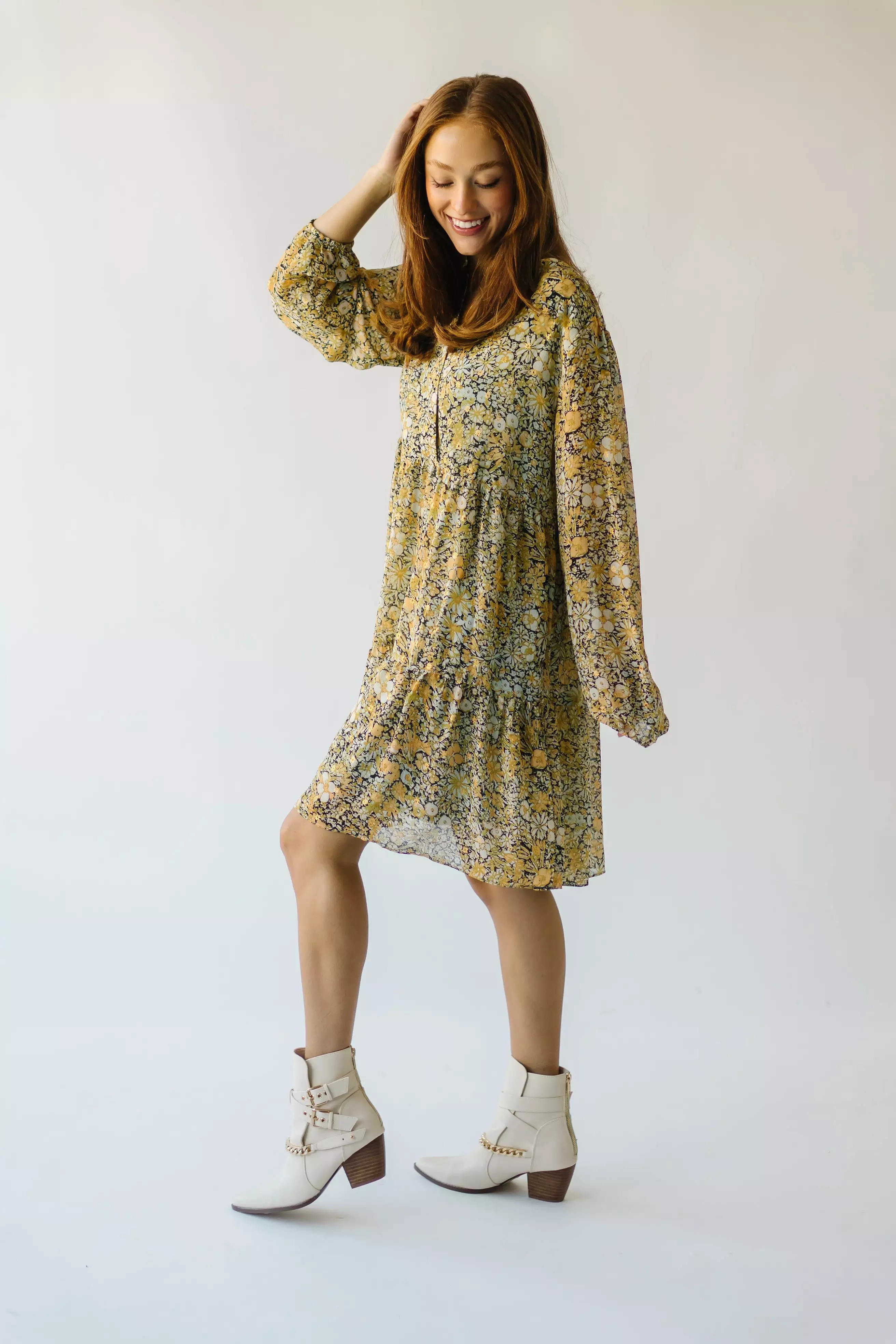 The Tellico Floral Patterned Dress in Mustard Combo