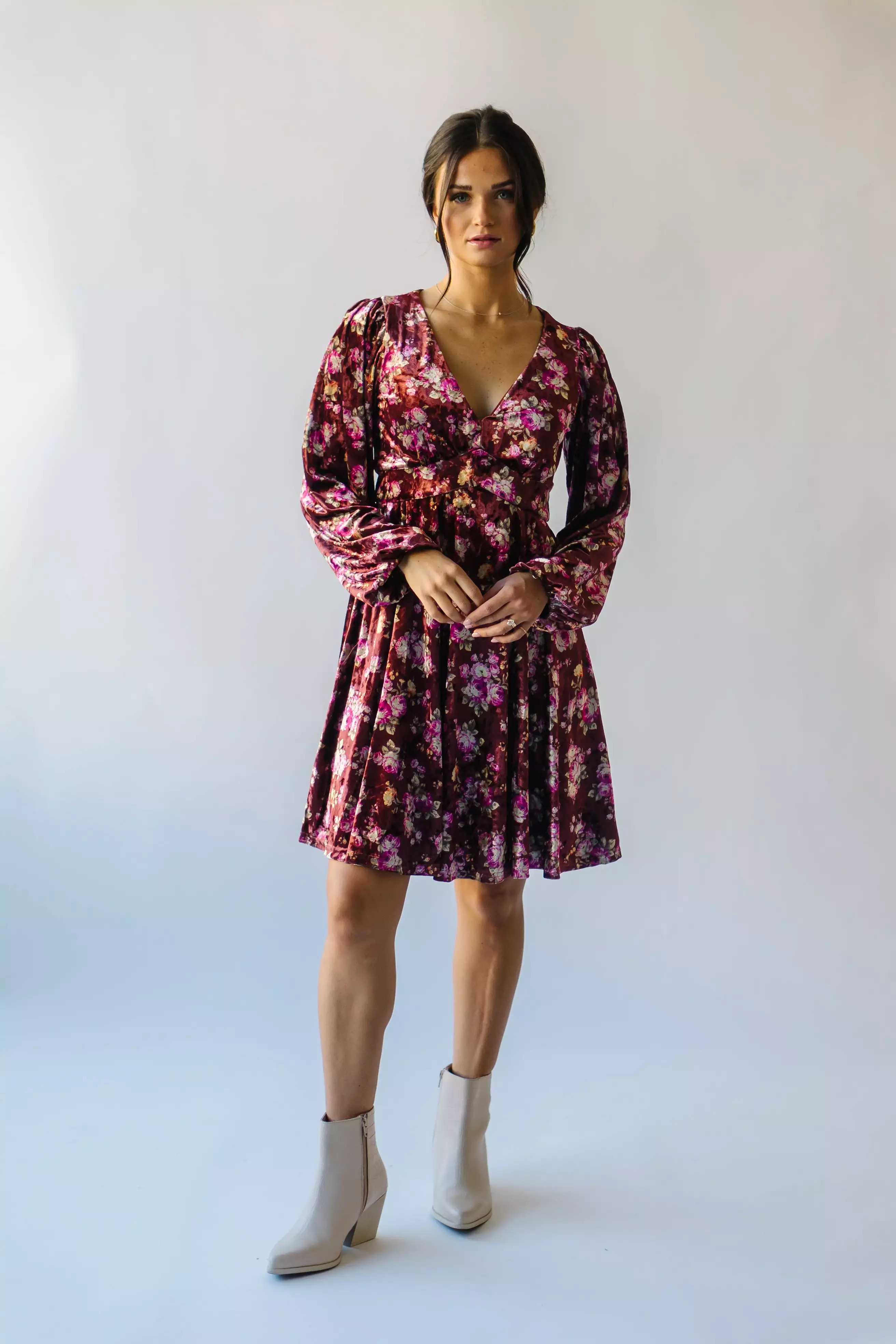 The Zaden V-Neck Velvet Floral Dress in Auburn