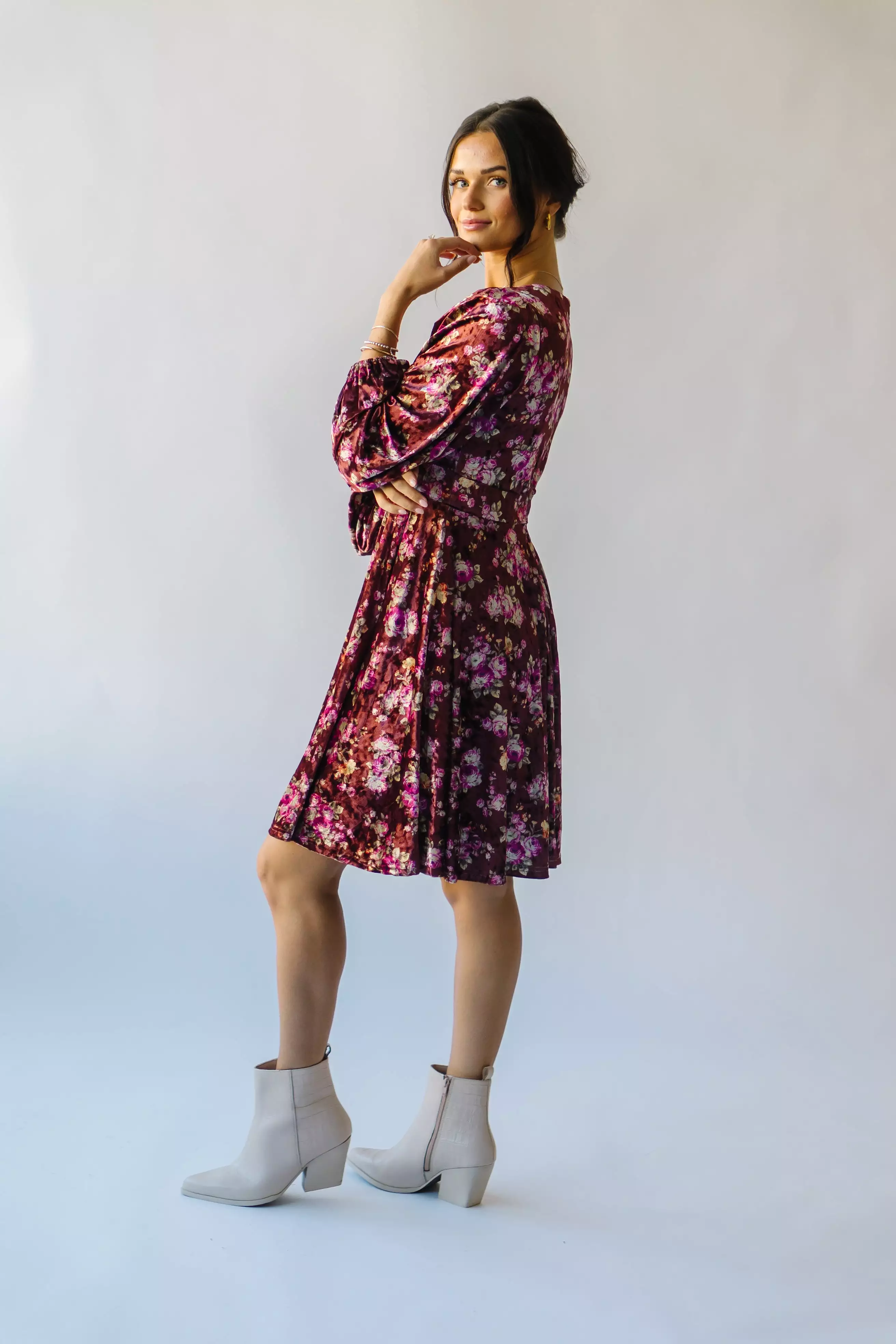 The Zaden V-Neck Velvet Floral Dress in Auburn