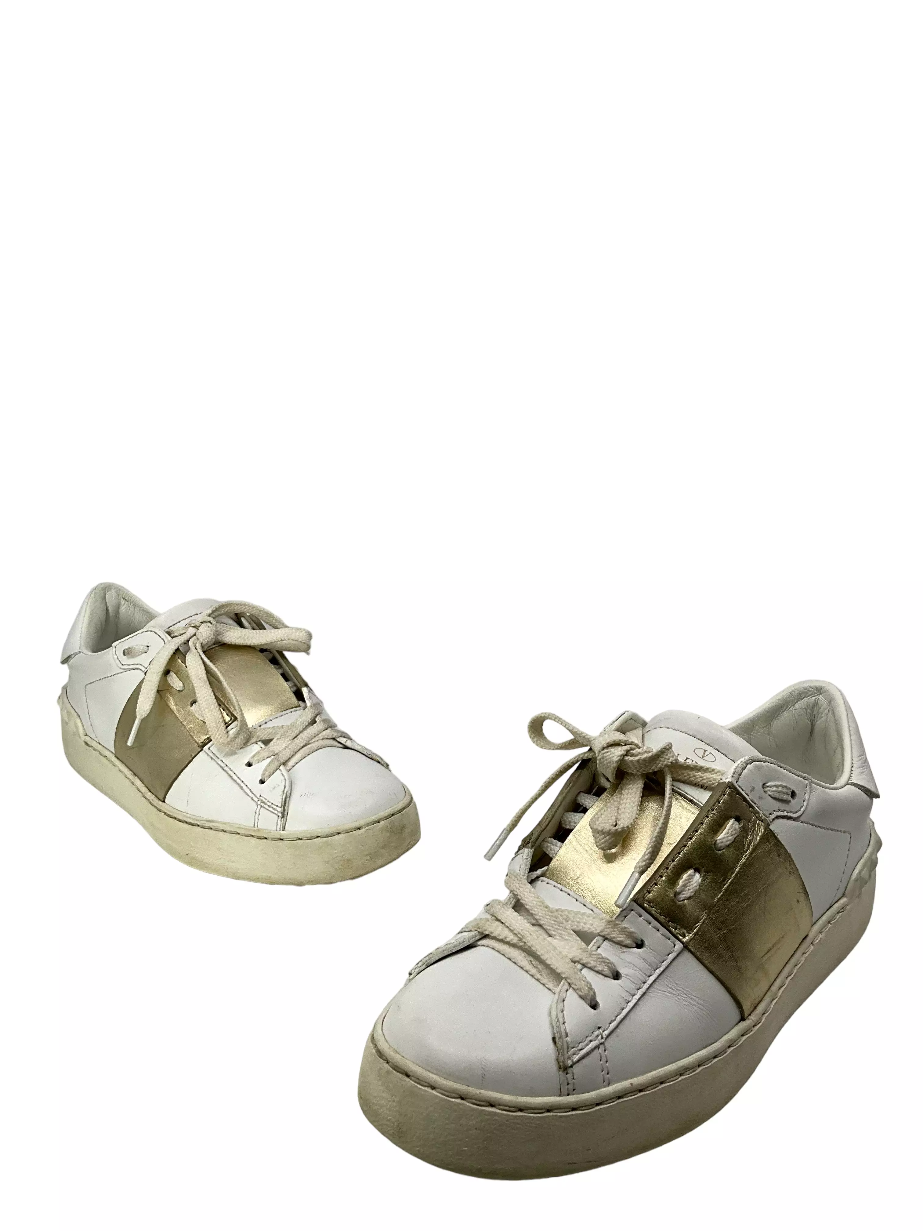 Valentino Garavani Rockstud White And Gold Leather Sneakers Size 6.5