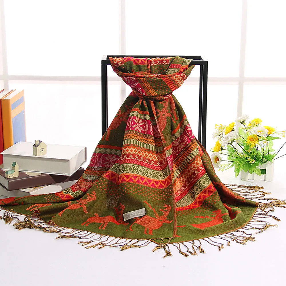 Women Double Sided Deerlet Pattern National Wind Scarf Wrap Shawl