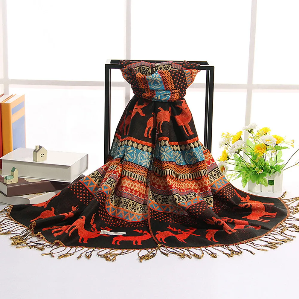 Women Double Sided Deerlet Pattern National Wind Scarf Wrap Shawl