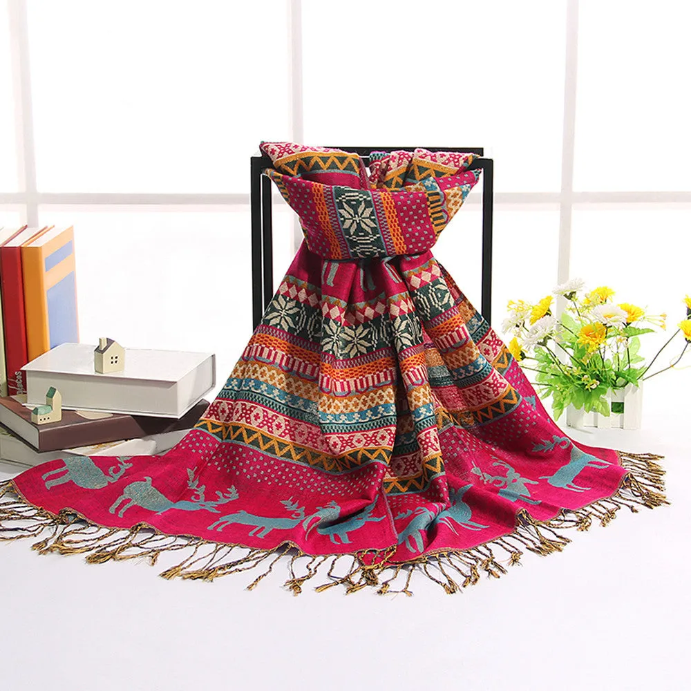 Women Double Sided Deerlet Pattern National Wind Scarf Wrap Shawl