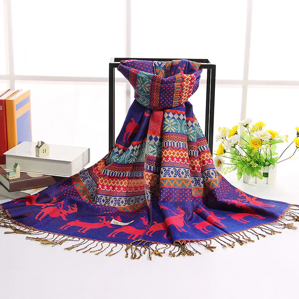 Women Double Sided Deerlet Pattern National Wind Scarf Wrap Shawl