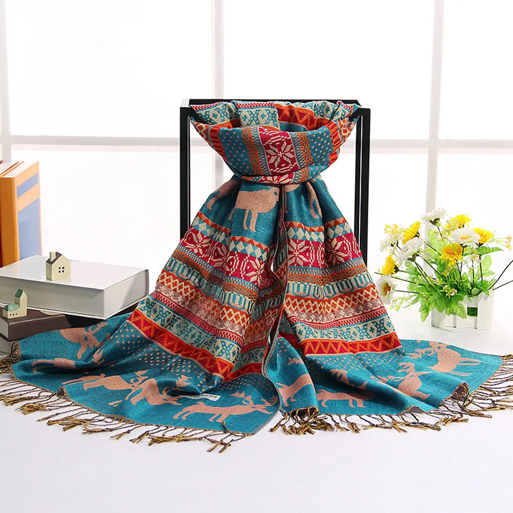 Women Double Sided Deerlet Pattern National Wind Scarf Wrap Shawl