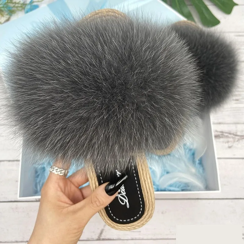 Women's Fashion Gray Color Natural Raccoon Fur Flip Flop Flat House Slippers