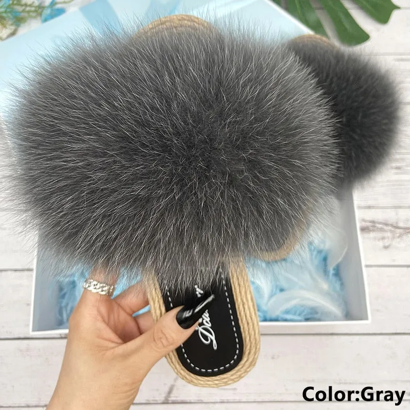 Women's Fashion Gray Color Natural Raccoon Fur Flip Flop Flat House Slippers