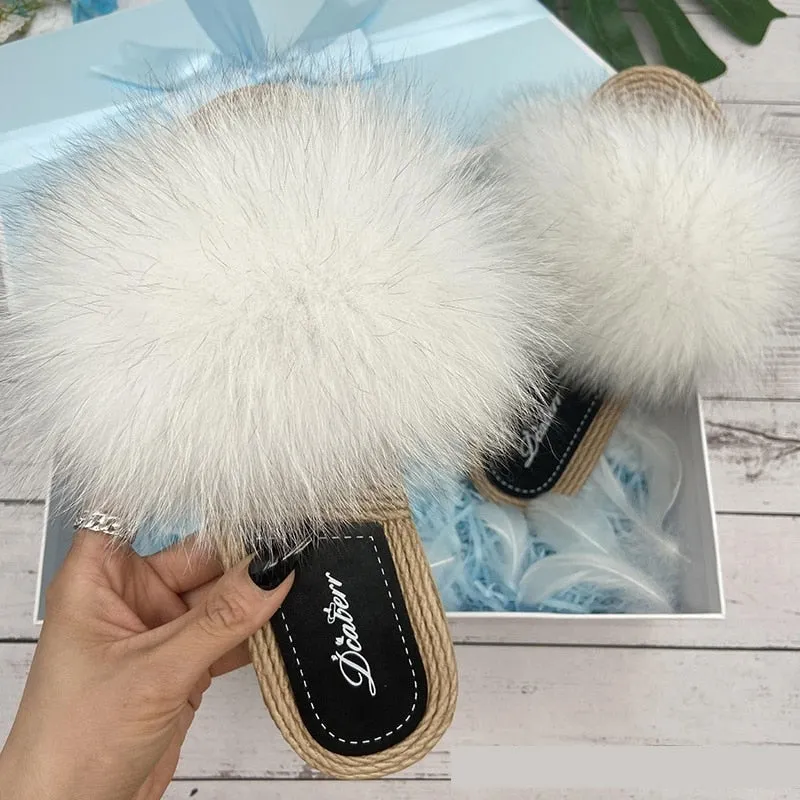 Women's Fashion Natural Raccoon Fur Flip Flop Flats House Slippers