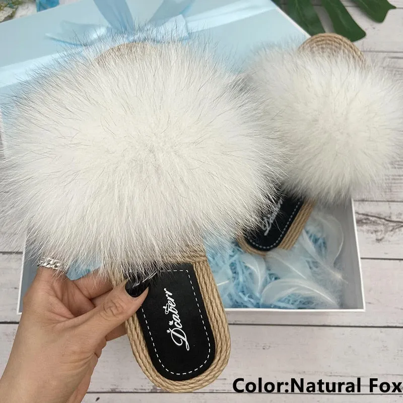 Women's Fashion Natural Raccoon Fur Flip Flop Flats House Slippers