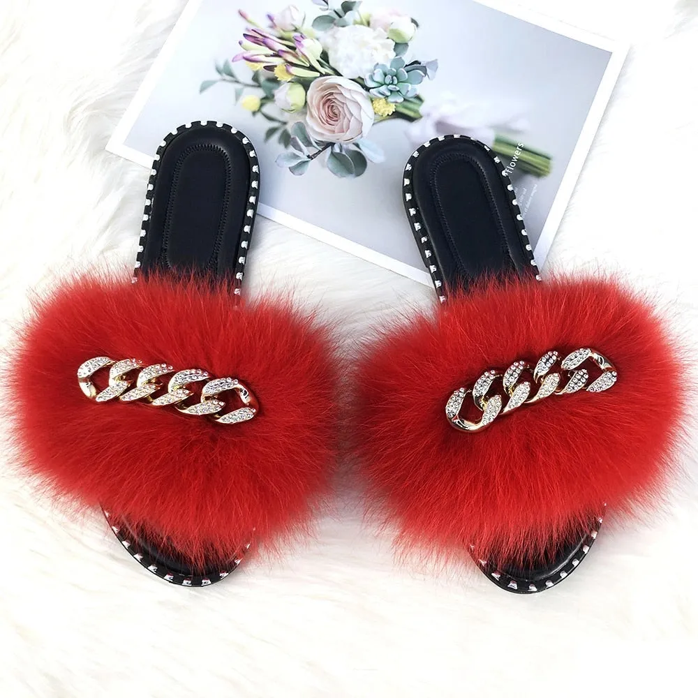 Women's Luxury Summer Red Color Fluffy Fur Soft Slide Rubber Sandals