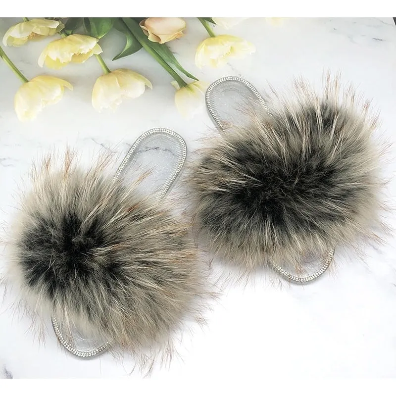 Women's Summer Fluffy Real Fur Slides Transparent Flip Flop Sandals