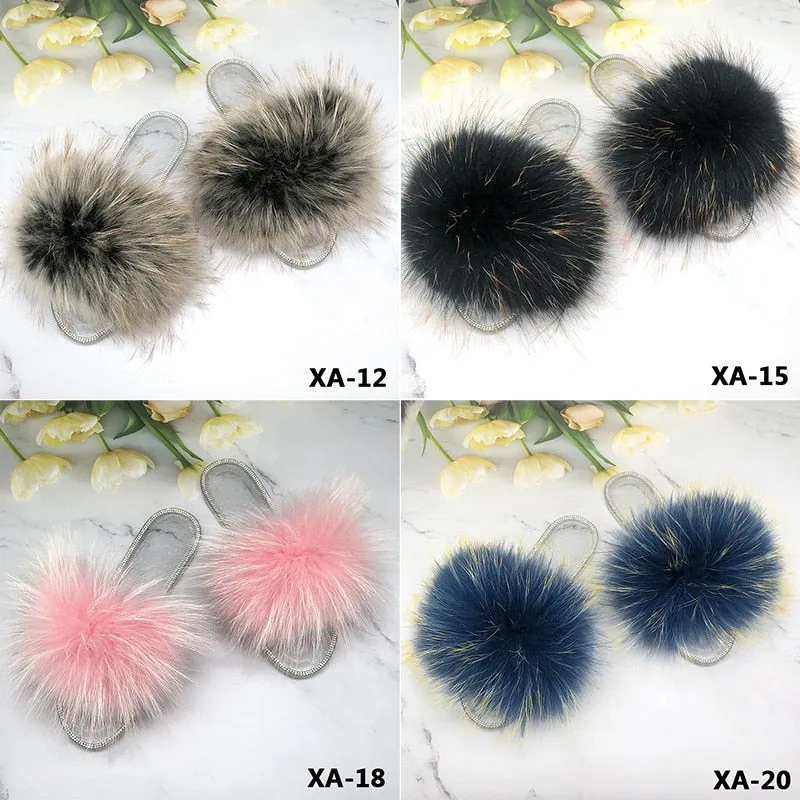 Women's Summer Fluffy Real Fur Slides Transparent Flip Flop Sandals